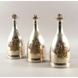 THREE SILVER BOTTLE DECANTERS (3)