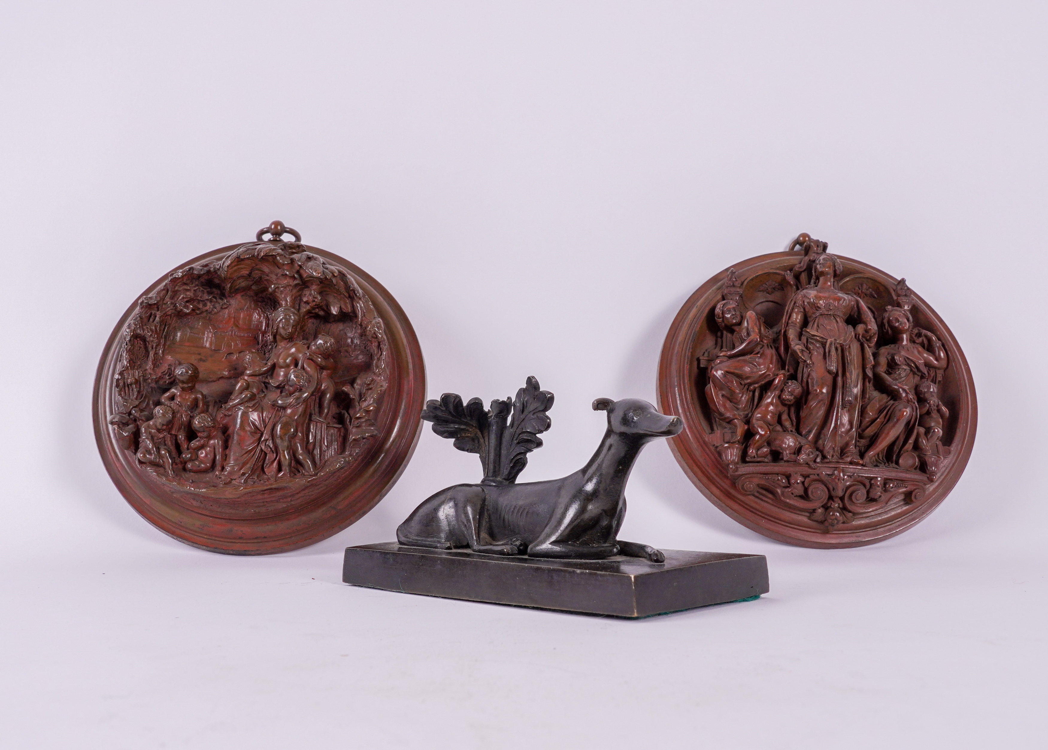 A REGENCY BRONZE GREYHOUND PAPERWEIGHT AND TWO ROUNDELS (3) - Image 2 of 5