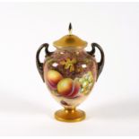 A ROYAL WORCESTER TWO-HANDLED OVOID VASE AND COVER (2)