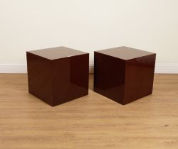 JEAN CLAUDE MAHEY; A PAIR OF RED LACQUER CUBE OCCASIONAL TABLES (2)