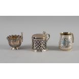 A SILVER MUSTARD POT, SMALL JUG AND CHRISTENING MUG (3)