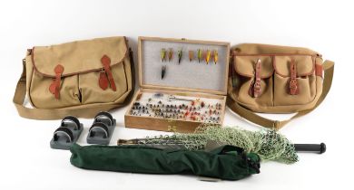 A LARGE WOODEN FLY BOX AND A QTY OF FISHING TACKLE (9)