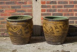 A PAIR OF LARGE CHINESE BROWN GLAZED GARDEN POTS (2)