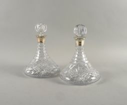 TWO SIMILAR SILVER MOUNTED SHIP'S STYLE DECANTERS (2)