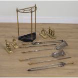 TWO SETS OF BRASS MOUNTED STEEL FIRE TOOLS AND A BRASS DEMI-LUNE STICK STAND (11)