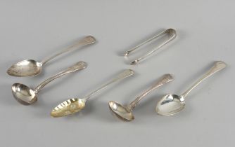 TWO SIMILAR SILVER SAUCE LADLES AND FOUR FURTHER ITEMS (6)