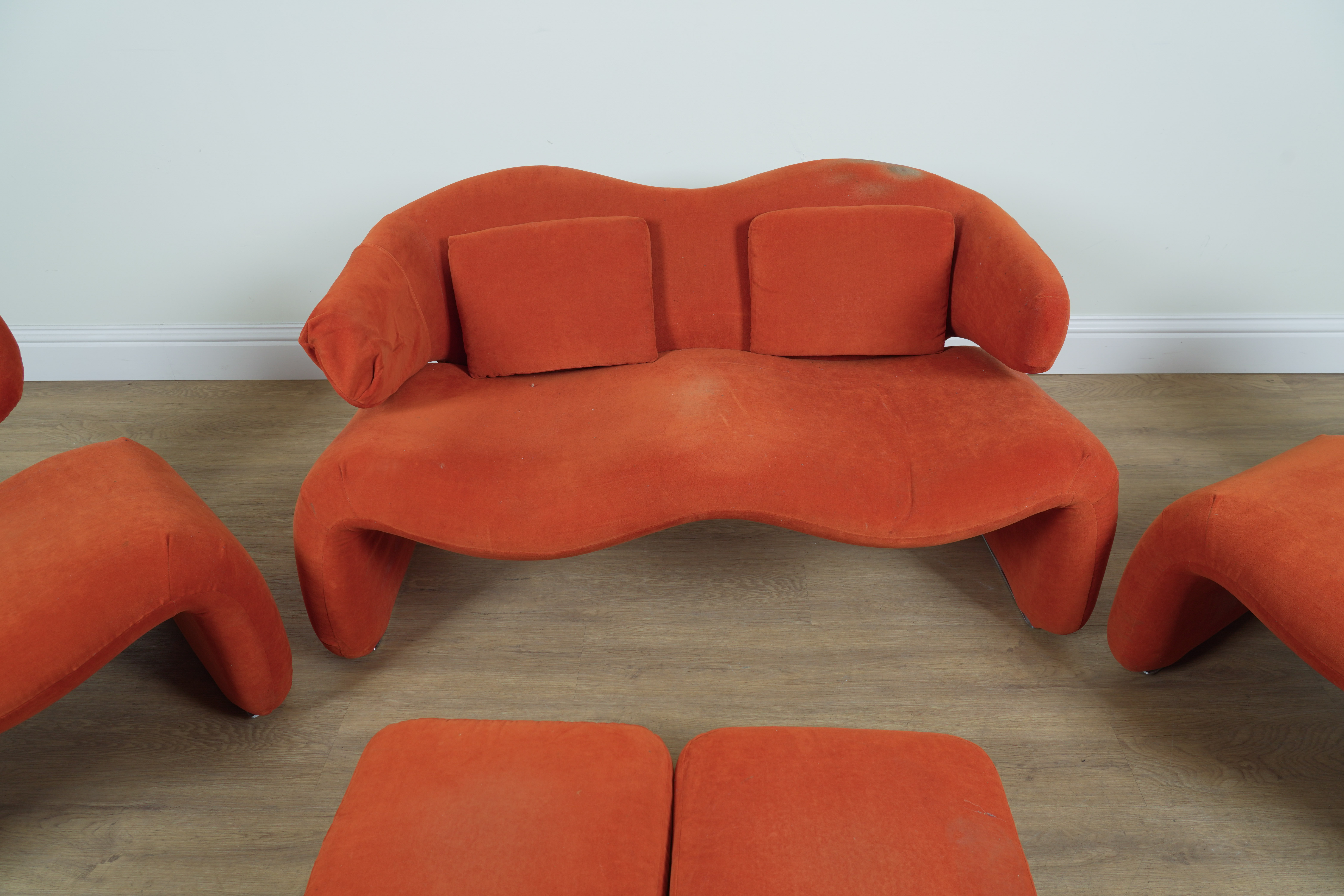 PROBABLY OLIVIER MOURGUE; AN ORANGE UPHOLSTERED SOFA AND CHAIRS (5) - Image 9 of 11