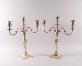 A PAIR OF SILVER THREE LIGHT TABLE CANDELABRA