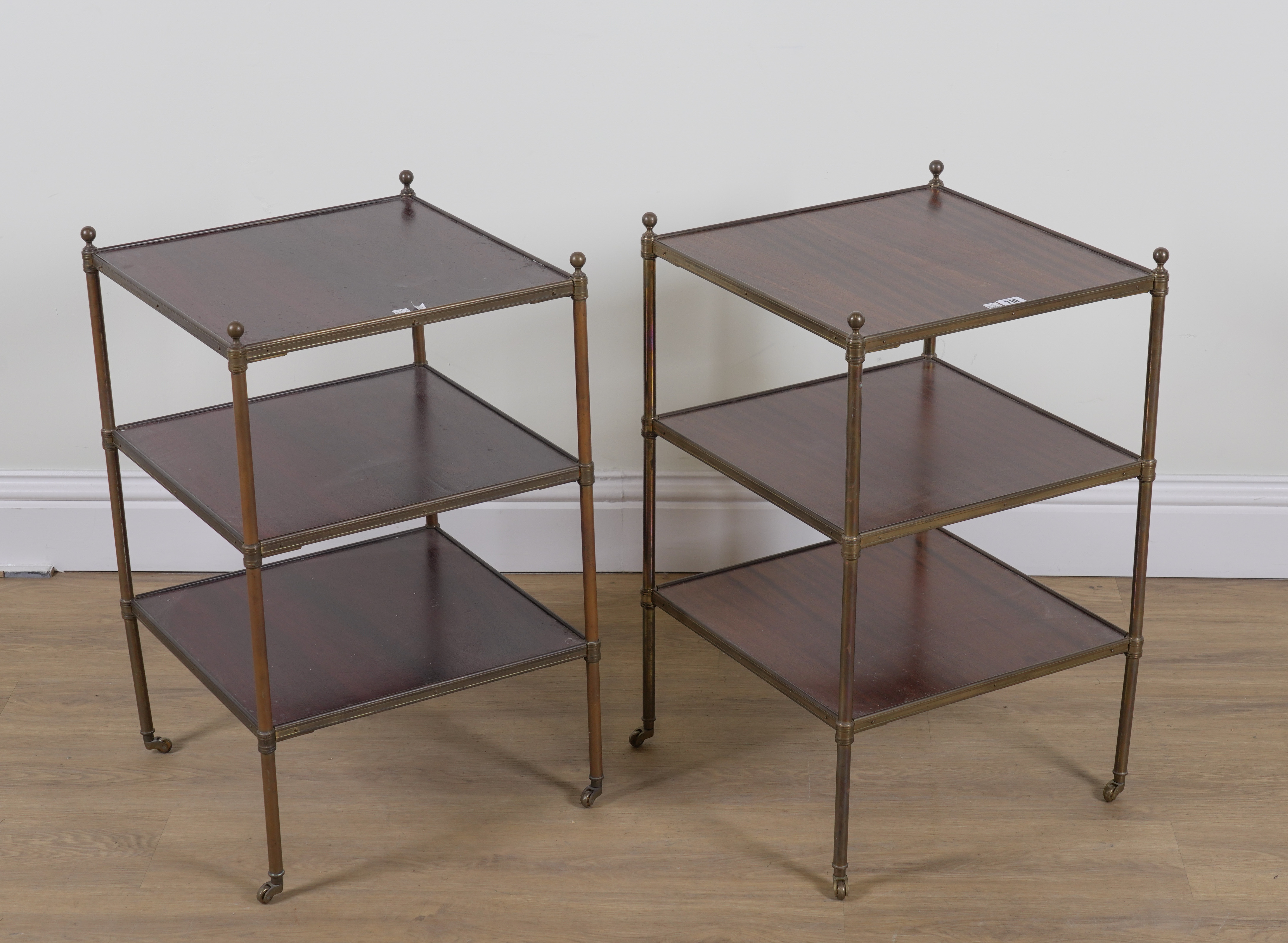 A PAIR OF MID 20TH CENTURY LACQUERED BRASS AND MAHOGANY SQUARE THREE TIER ETAGERES (2) - Image 3 of 4