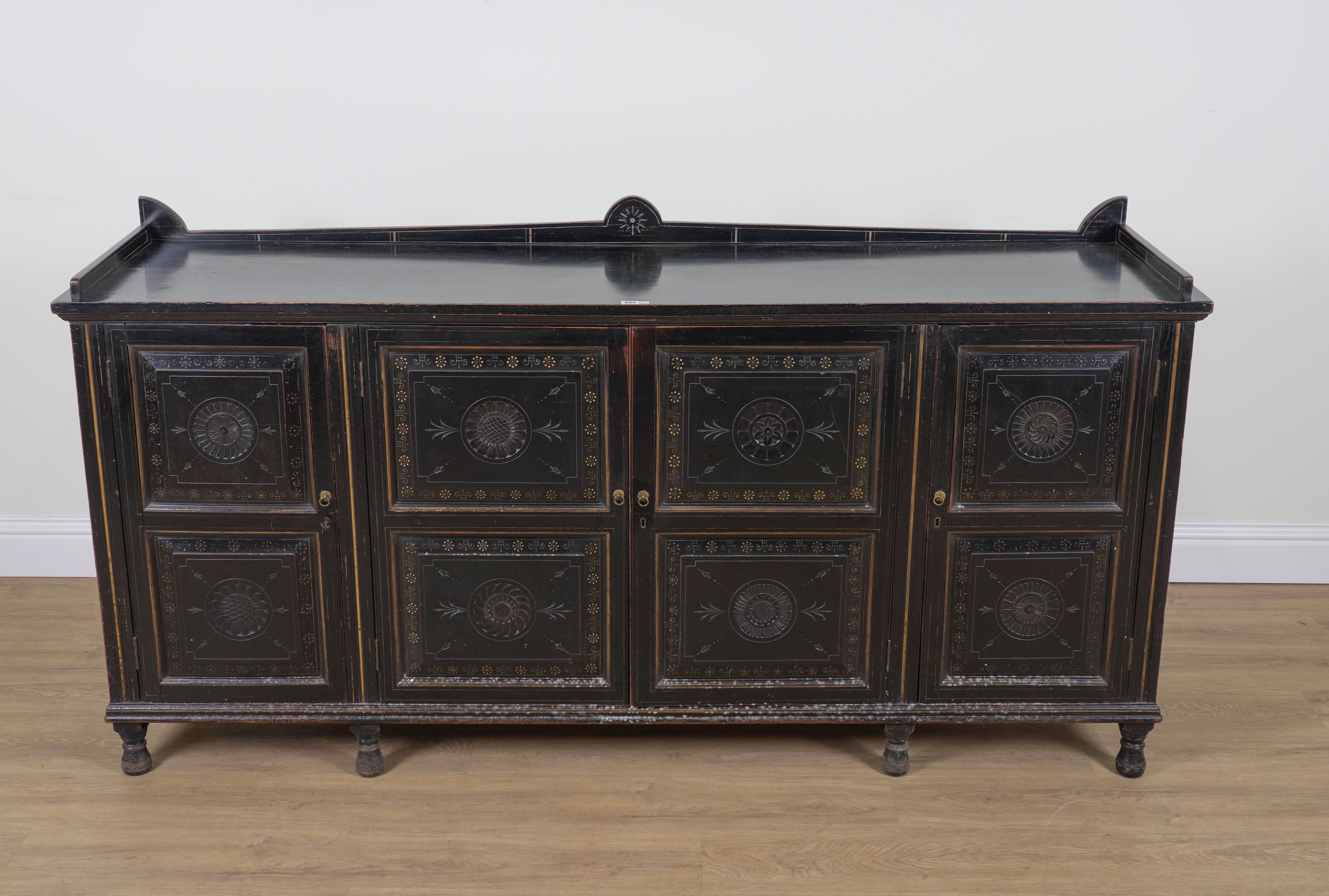 AN AESTHETIC MOVEMENT BLACK LACQUER AND POLYCHROME PAINTED FOUR DOOR SIDE CABINET - Image 2 of 15