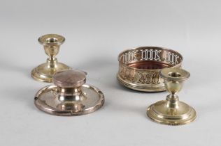 A PAIR OF SILVER SQUAT CANDLESTICKS AND TWO FURTHER ITEMS (4)