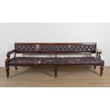 A LARGE MID 19TH CENTURY MAHOGANY FRAMED OPEN ARM BENCH