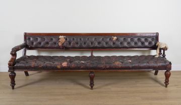 A LARGE MID 19TH CENTURY MAHOGANY FRAMED OPEN ARM BENCH