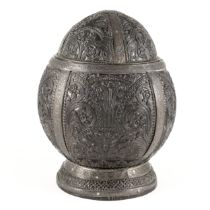 A SOUTH EAST ASIAN RELIEF CARVED AND SILVER METAL MOUNTED COCONUT CUP AND COVER