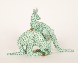 A HEREND PORCELAIN GROUP OF TWO GREEN FISHNET KANGAROOS