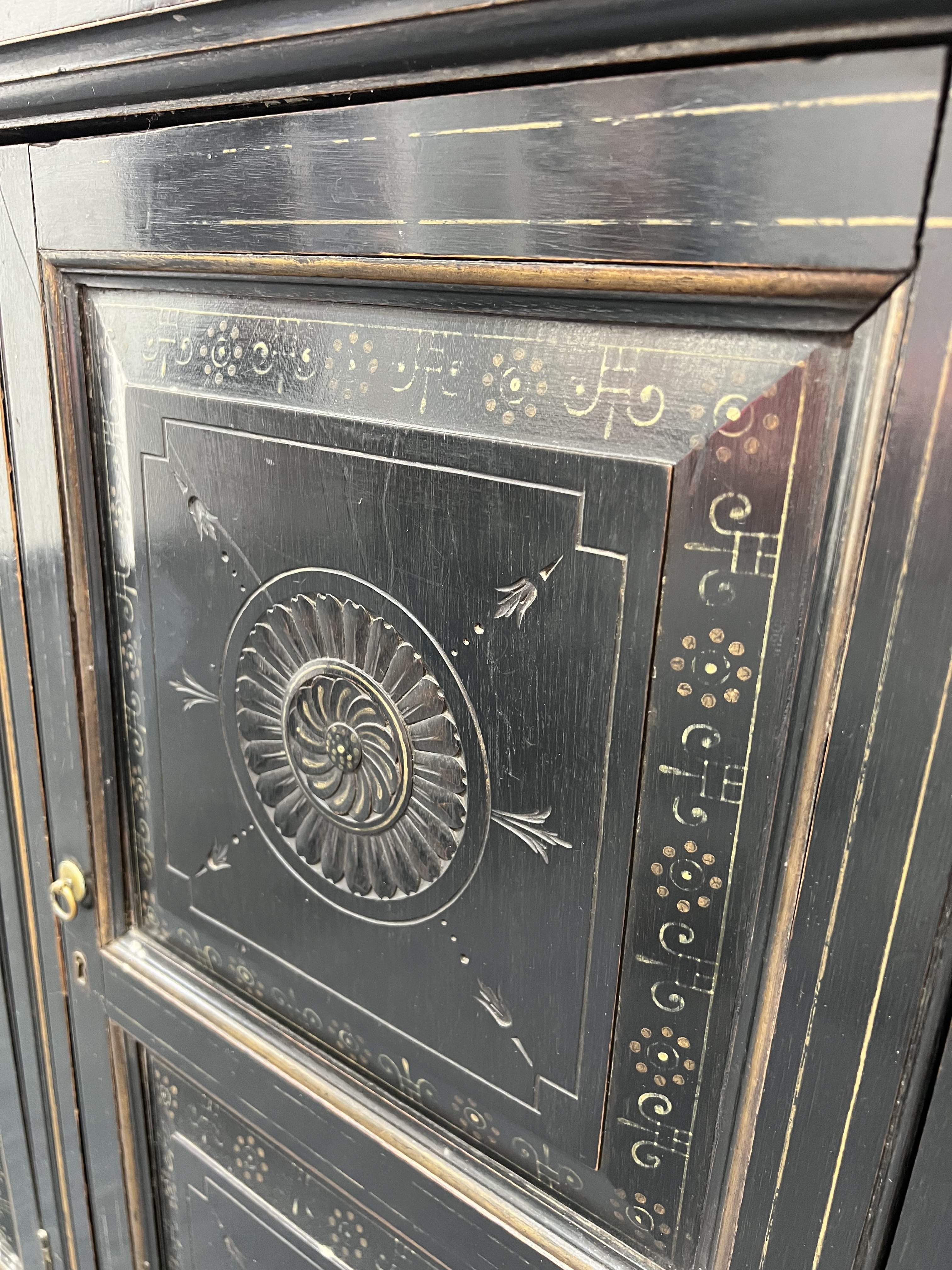 AN AESTHETIC MOVEMENT BLACK LACQUER AND POLYCHROME PAINTED FOUR DOOR SIDE CABINET - Image 13 of 15