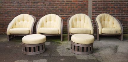 A SET OF FOUR SLATTED HARDWOOD TUB BACK GARDEN CHAIRS (6)