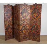 A 19TH CENTURY ITALIAN EMBOSSED PAINTED LEATHER FOUR FOLD SCREEN