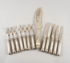A VICTORIAN SILVER BLADED FISH SLICE AND A PART SET OF DESSERT KNIVES AND FORKS (13)