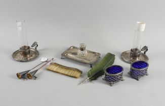 A SILVER RECTANGULAR INKSTAND AND FURTHER ITEMS (QTY)
