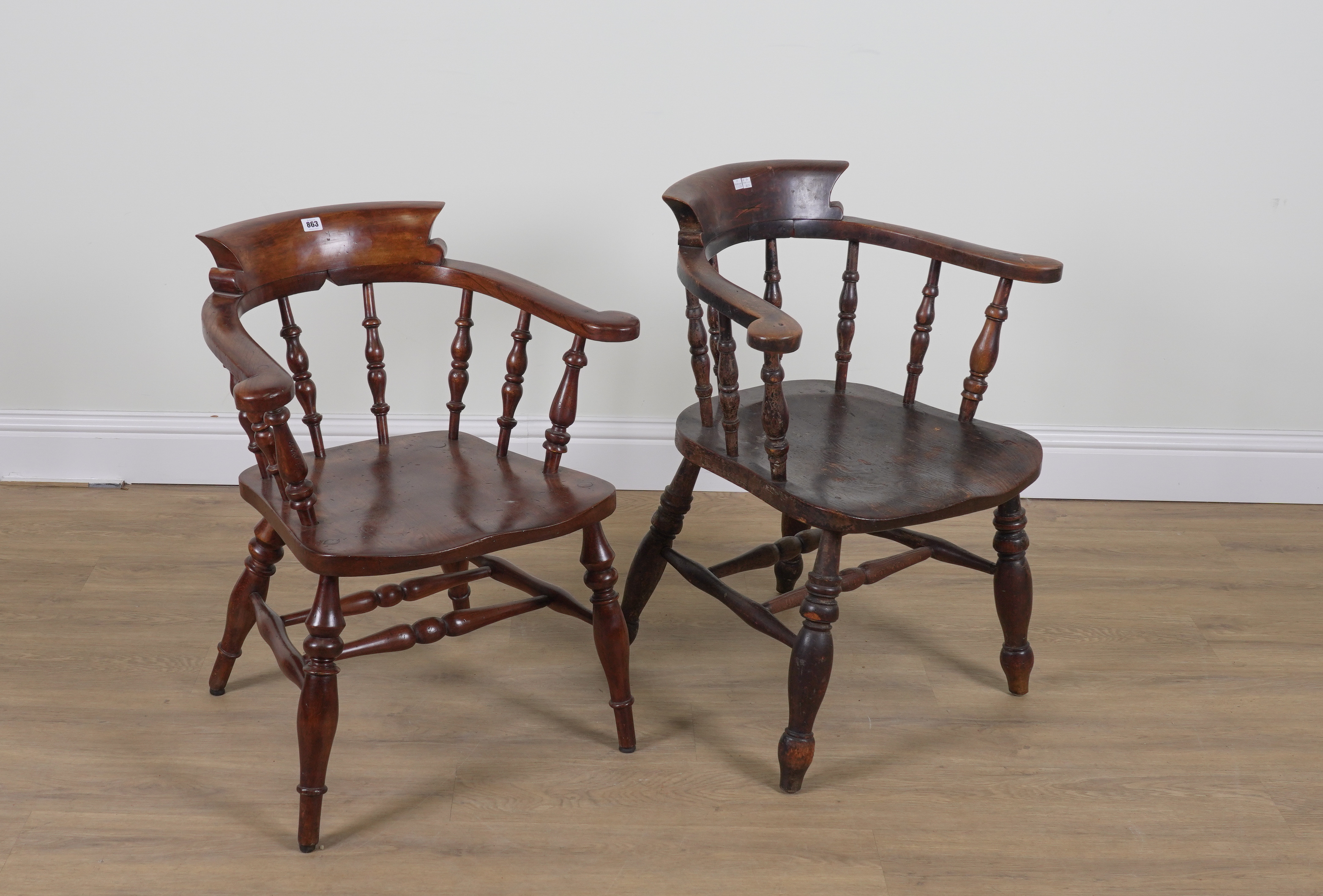 A NEAR PAIR OF ELM SEATED SMOKER'S BOW ARMCHAIRS (2) - Image 2 of 3