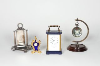 MATTHEW NORMAN: A BLUE ENAMELLED CARRIAGE CLOCK, WITH TWO FURTHER CLOCKS AND A POCKET WATCH...