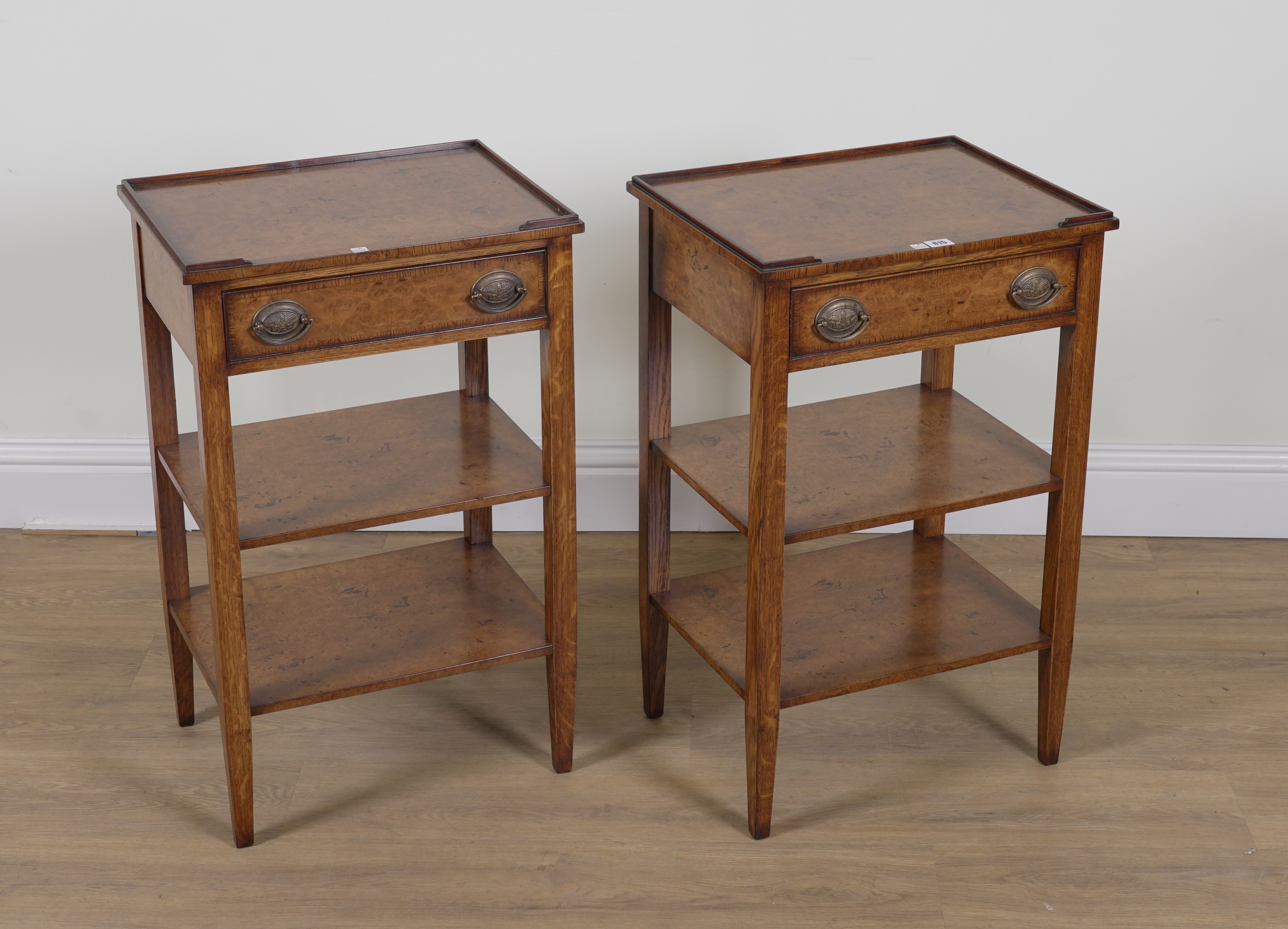 A PAIR OF FIGURED WALNUT SINGLE DRAWER THREE TIER RECTANGULAR SIDE TABLES (2) - Image 2 of 4