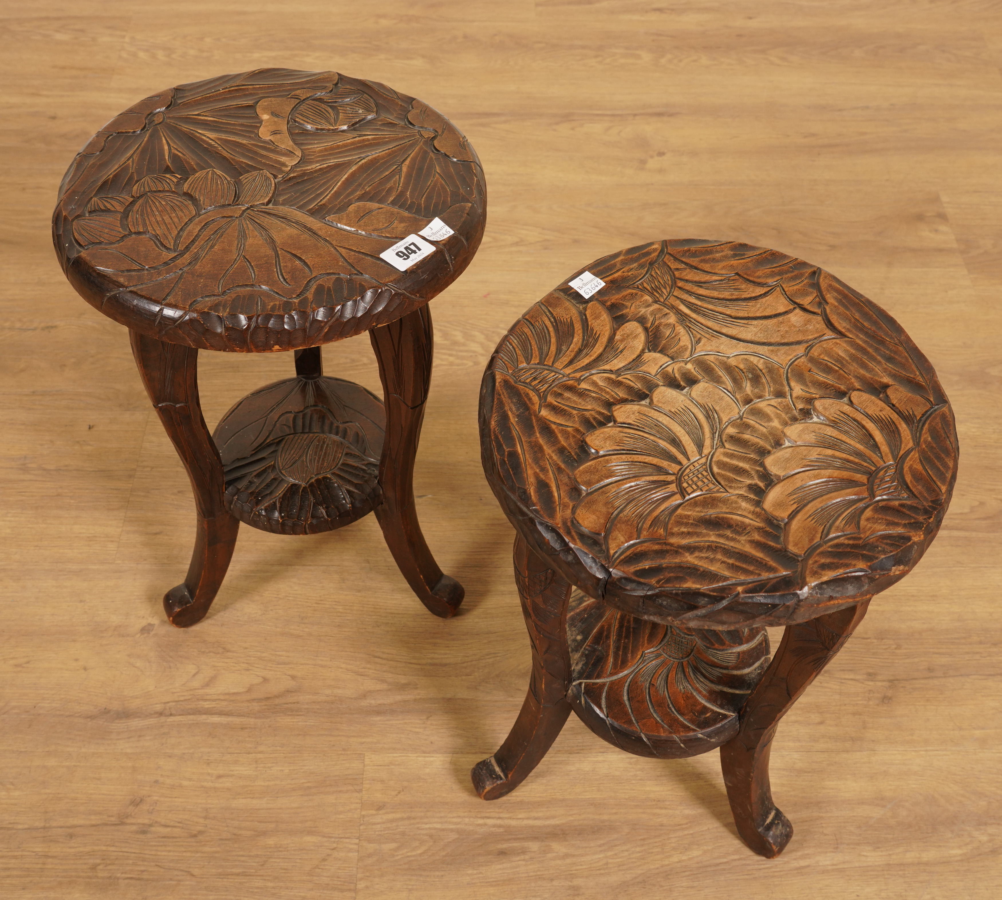 LIBERTY & CO; A PAIR OF FLORAL CARVED CIRCULAR SIDE TABLES (2) - Image 2 of 5