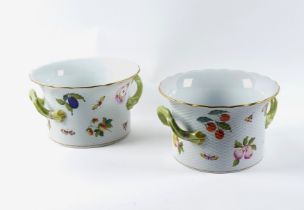 A PAIR OF HEREND `MARKET GARDEN' PATTERN OZIER MOULDED TWO-HANDLED JARDINIERES (2)