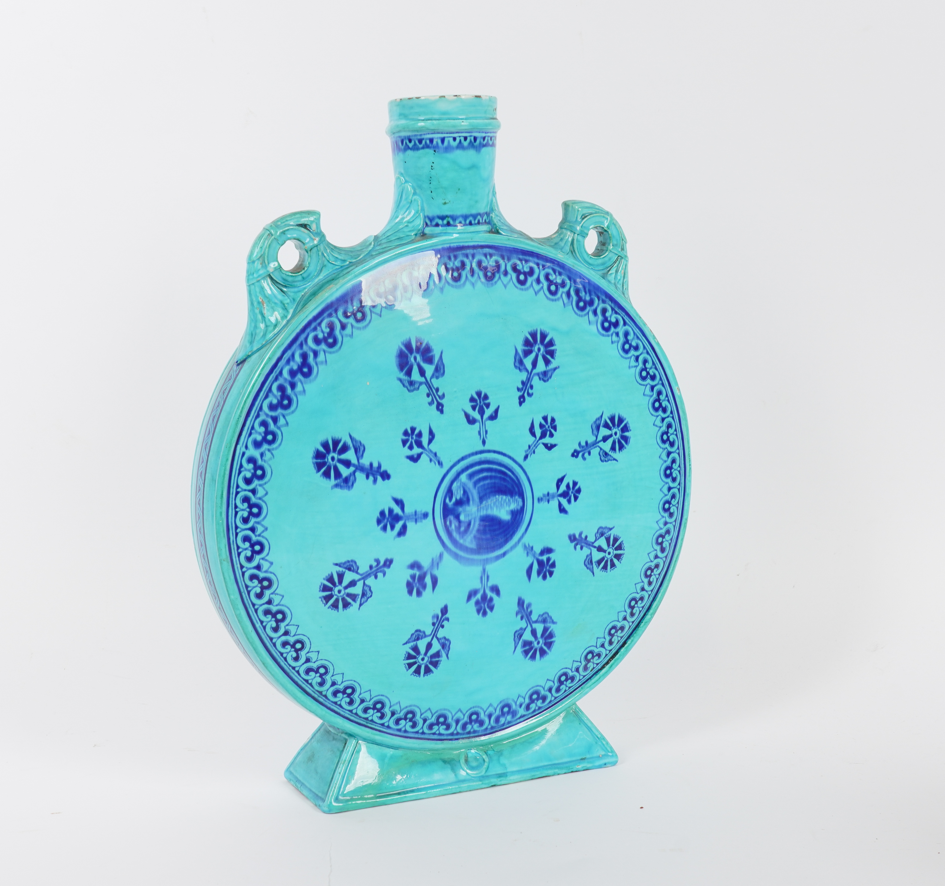 A LARGE MINTON TURQUOISE GROUND MOONFLASK ATTRIBUTED TO CHRISTOPHER DRESSER - Image 2 of 3