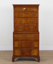 A 19TH CENTURY FIGURED WALNUT DIMINUTIVE EIGHT DRAWER CHEST ON CHEST