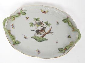 A HEREND `ROTHSCHILD BIRD' PATTERN TWO- HANDLED SHAPED OVAL STAND