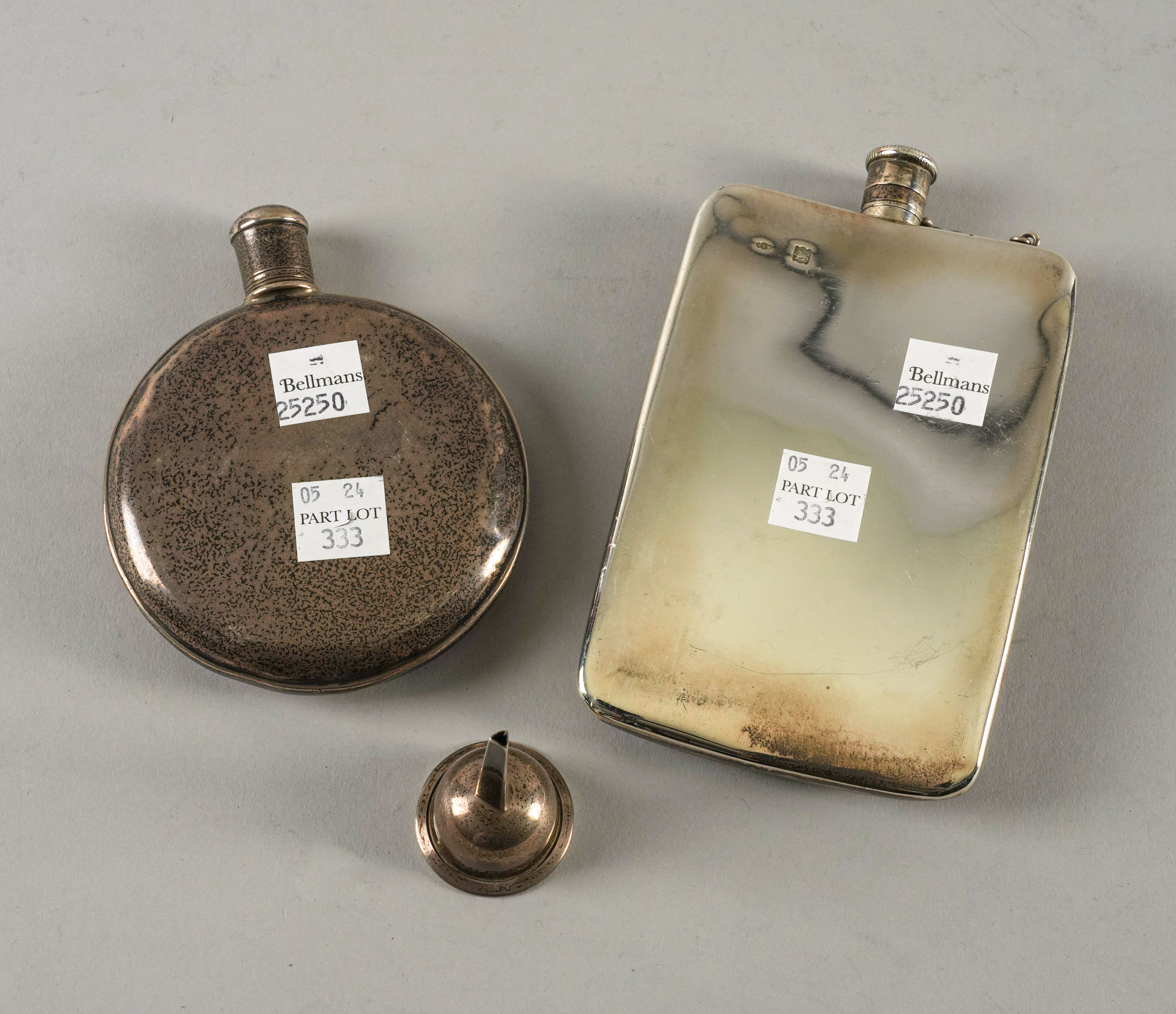 TWO SILVER FLASKS AND A SILVER FUNNEL (3) - Image 2 of 2