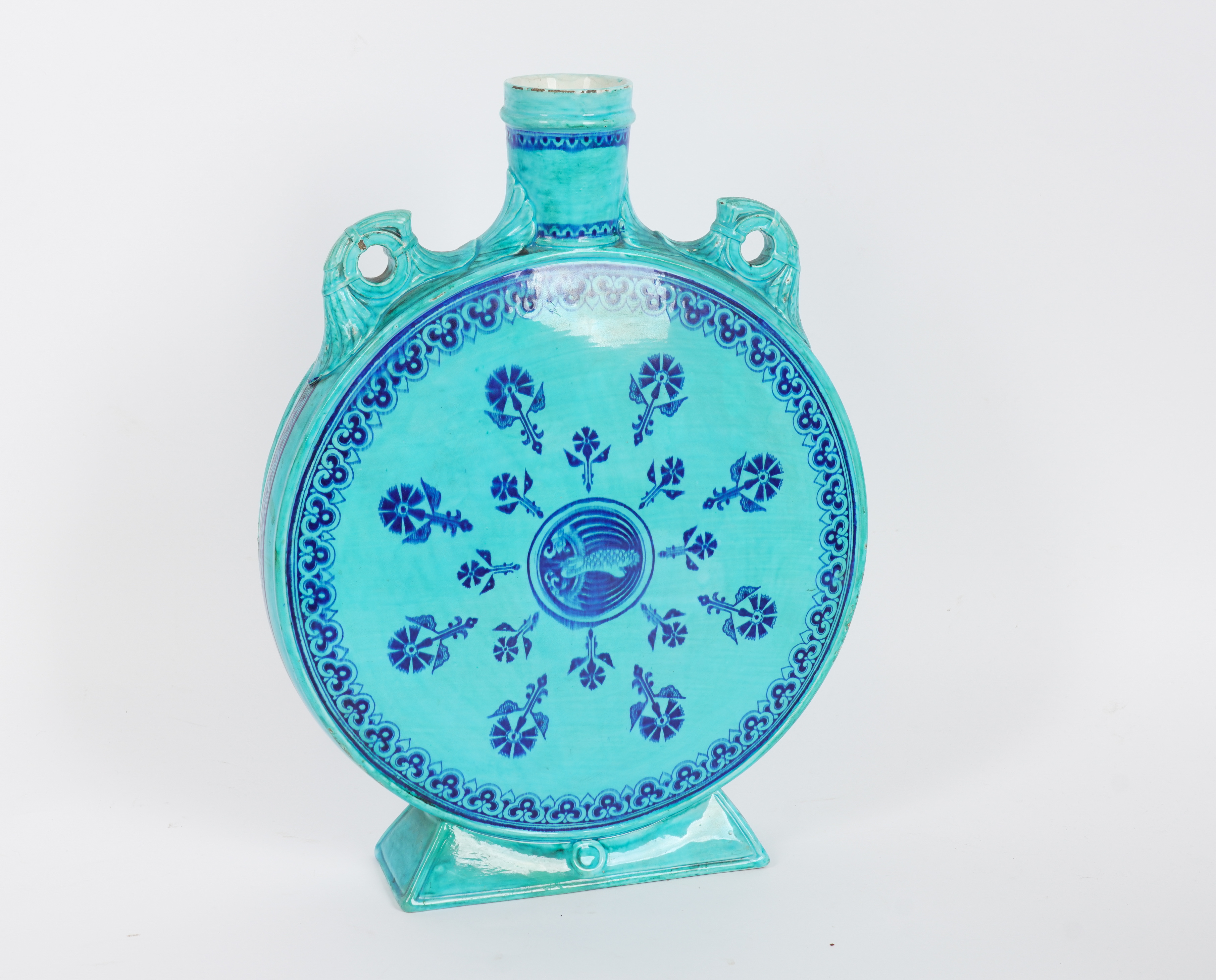 A LARGE MINTON TURQUOISE GROUND MOONFLASK ATTRIBUTED TO CHRISTOPHER DRESSER