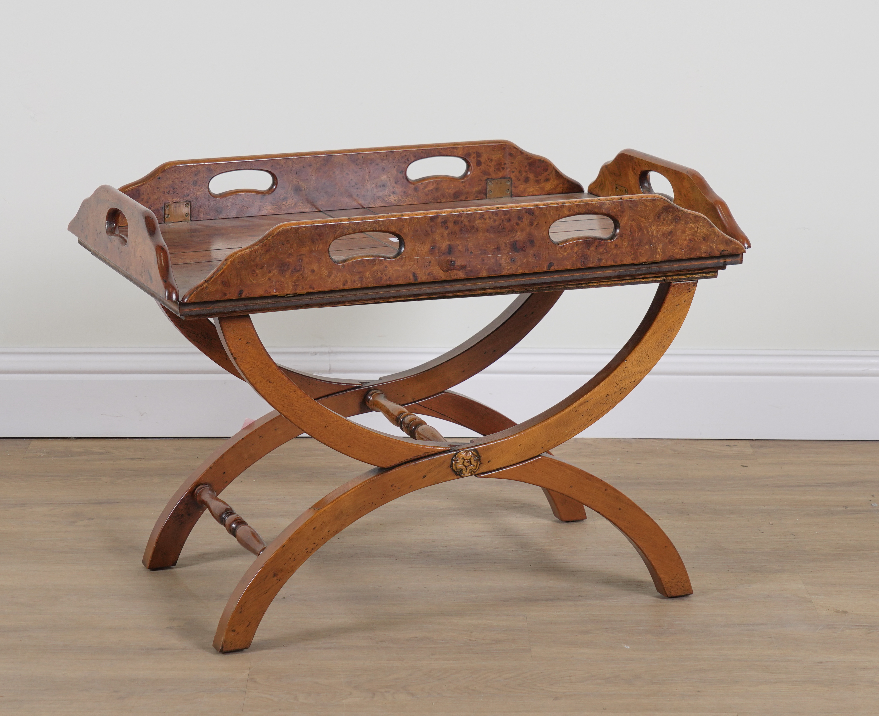 A 19TH CENTURY STYLE POLLARD OAK DROP FLAP BUTLER'S TRAY ON STAND