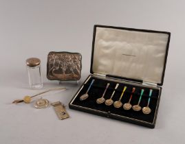 A PART SET OF SEVEN SILVER AND ENAMELLED COFFEE SPOONS AND FIVE FURTHER ITEMS (6)