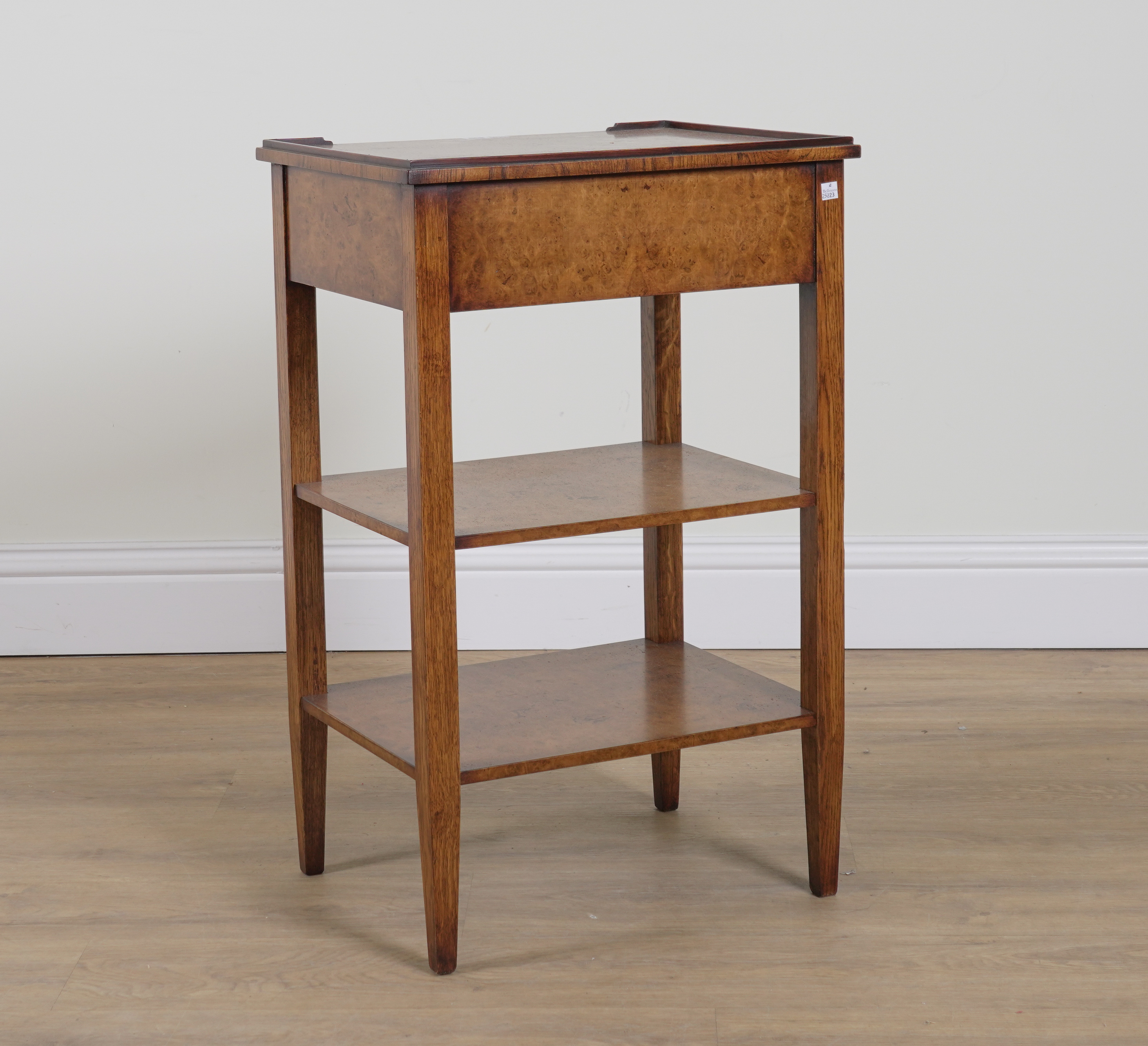 A PAIR OF FIGURED WALNUT SINGLE DRAWER THREE TIER RECTANGULAR SIDE TABLES (2) - Image 4 of 4