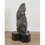 THOMAS MU (ZIMBABWE): A GREEN SERPENTINE STONE SHONA SCULPTURE OF A MOTHER AND CHILD WITH ANIMALS