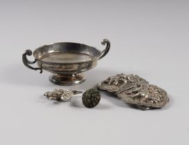 A SILVER TWIN HANDLED BOWL AND A SMALL GROUP OF ASIAN WARES (4)