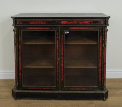 A VICTORIAN GILT METAL MOUNTED TORTOISESHELL INLAID FLOOR STANDING TWO DOOR CABINET