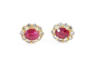 A PAIR OF RUBY AND DIAMOND CLUSTER EARRINGS, BOXED (2)