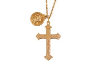 A CROSS PENDANT AND ST CHRISTOPHER NECKLACE