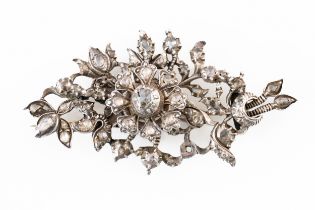 SILVER AND ROSE CUT DIAMOND FLORAL BROOCH, BOXED