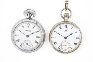 A SILVER CURB LINK WATCH ALBERT CHAIN AND TWO POCKET WATCHES (3)