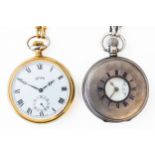 TWO POCKET WATCHES, TWO ALBERT CHAINS AND A 9CT GOLD MASONIC FOB (5)