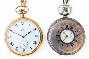 TWO POCKET WATCHES, TWO ALBERT CHAINS AND A 9CT GOLD MASONIC FOB (5)