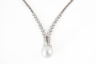 A WHITE GOLD, CULTURED PEARL AND DIAMOND NECKLACE