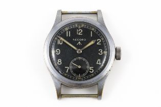A STEEL BACKED AND PLATE BASE METAL FRONTED RECORD MILITARY WATCH