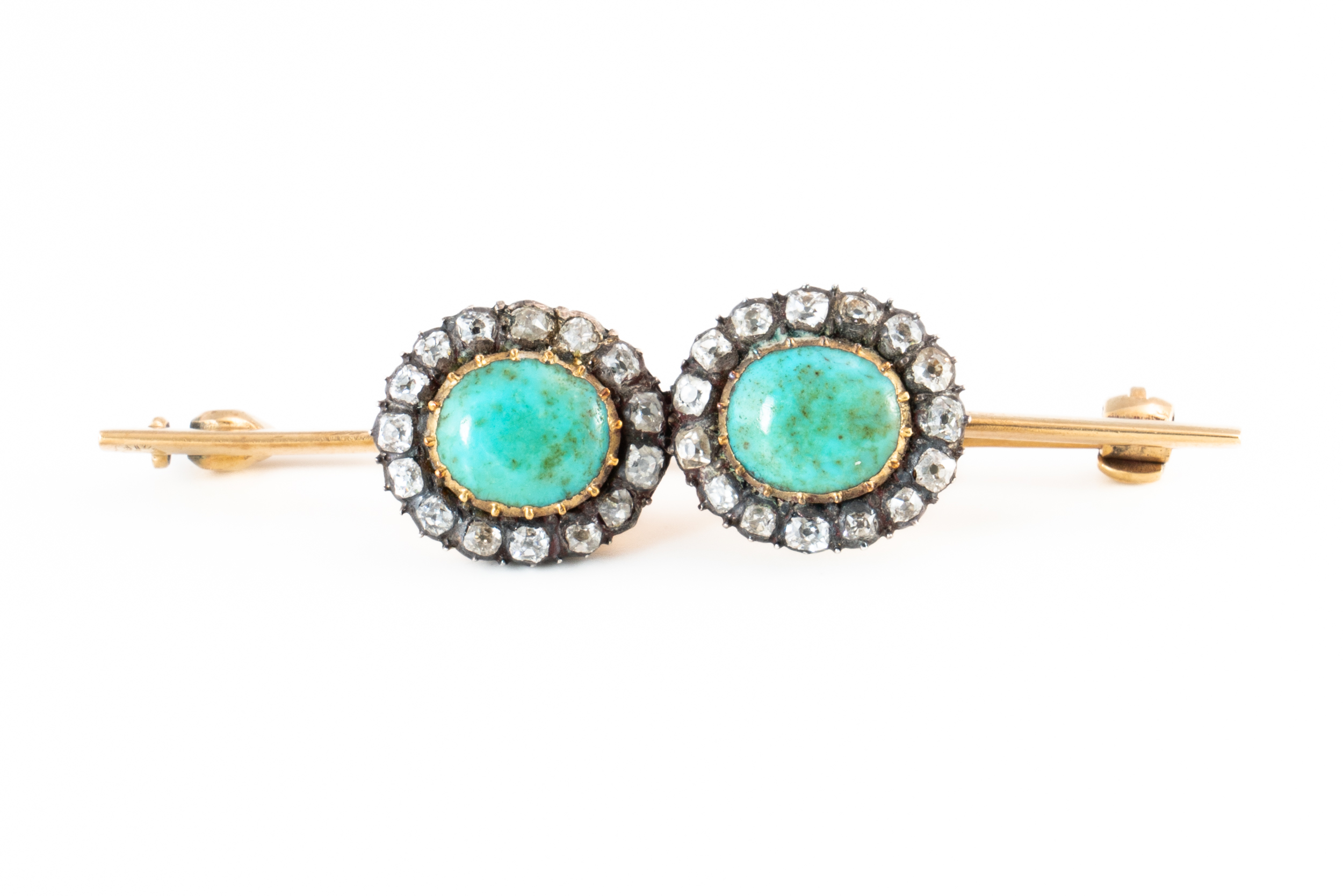 A GOLD, DIAMOND AND TURQUOISE BAR BROOCH