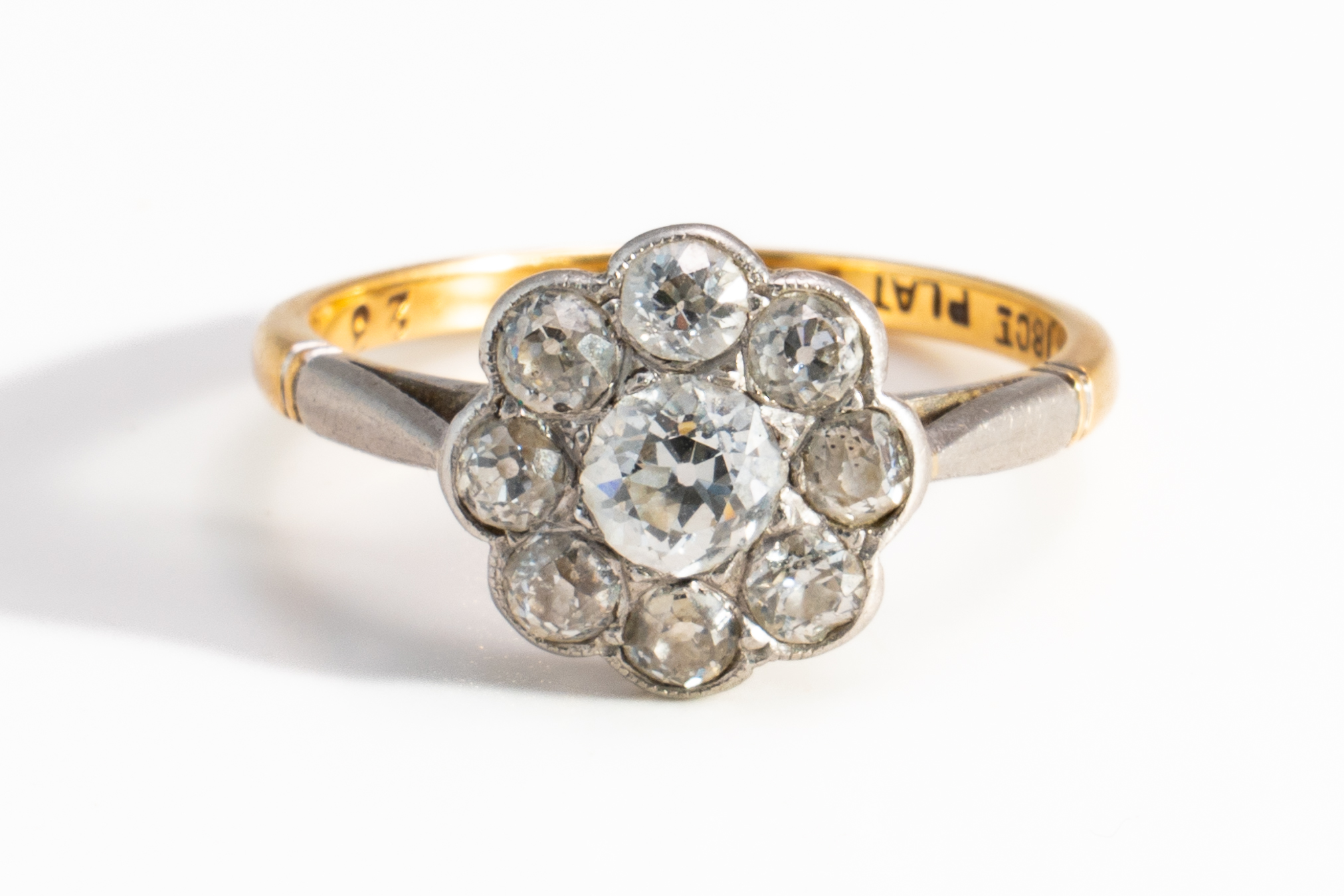 A GOLD AND PLATINUM DIAMOND CLUSTER RING, BOXED